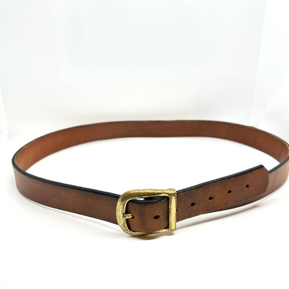 VINTAGE BROWN LEATHER Belt Solid Brass Buckle Made Distressed Patina Boho - Picture 3 of 15
